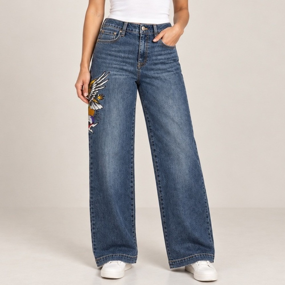Ed Hardy Wide Leg Jeans 28 Blue Embroidered Y2K Streetwear